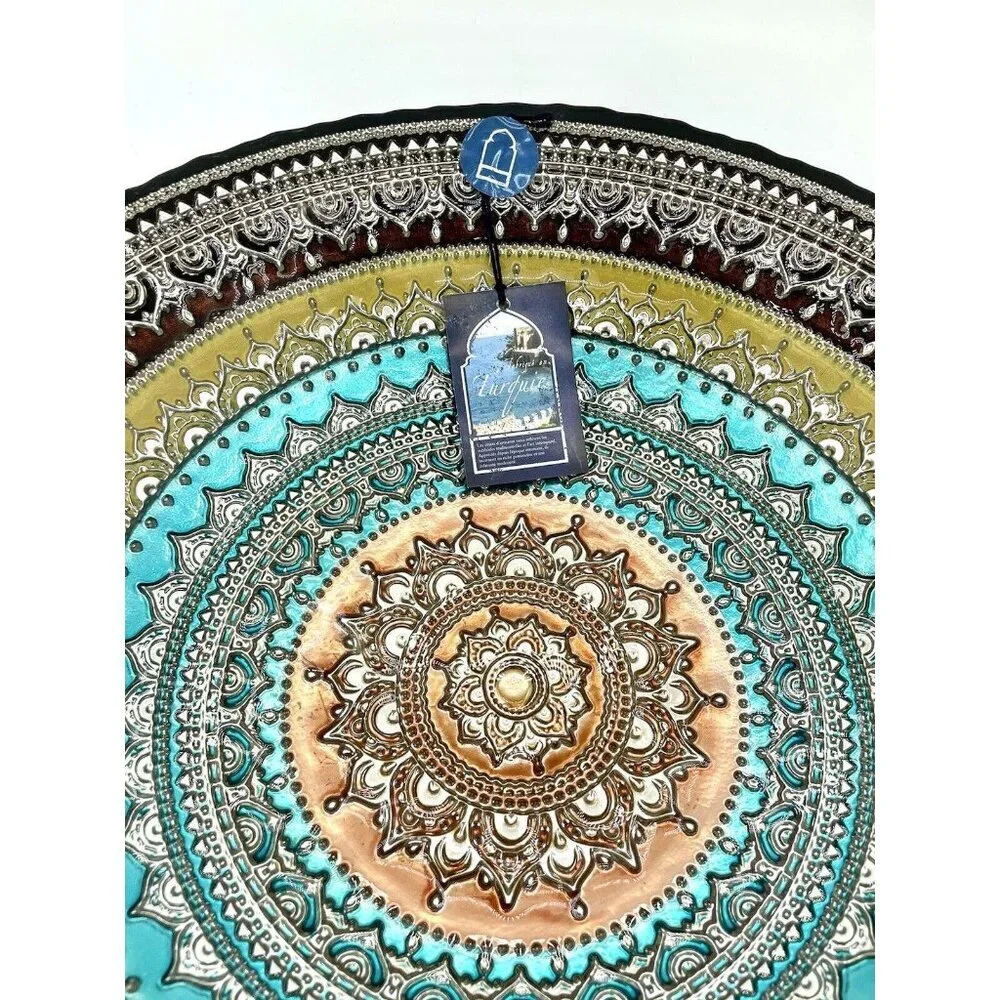 Turkish Glass Round Bowl Dinner Display Multi Color Oriental Lace 16” W XL